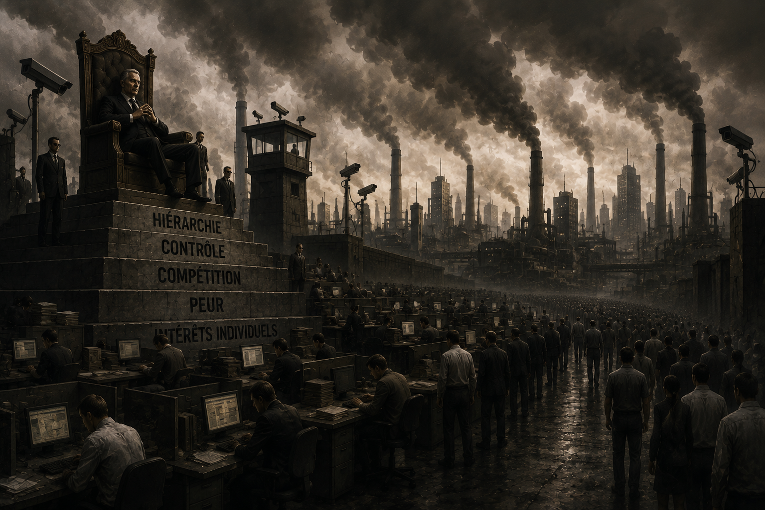 Paysage industriel sombre dominé par un dirigeant assis sur un trône, surplombant une foule de travailleurs soumis à une organisation fondée sur le contrôle et la hiérarchie.