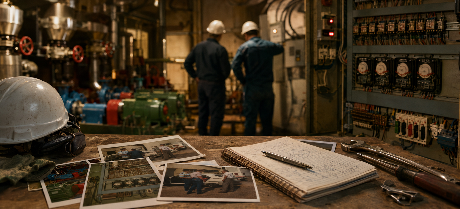 Table de travail dans une chaufferie, avec casque, outils, carnet de notes et anciennes photos techniques, illustrant des chroniques issues de l’expérience du terrain.