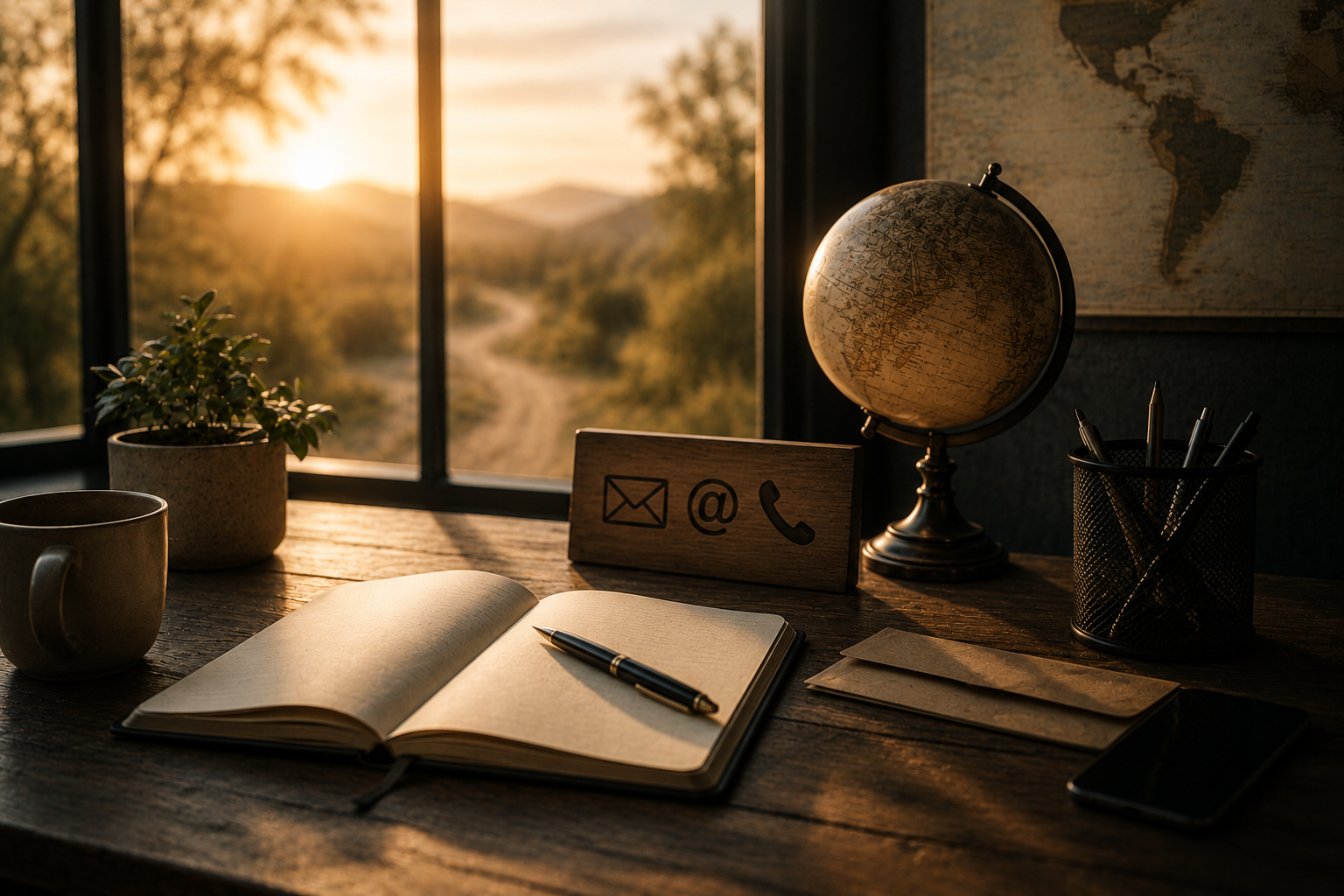 Bureau de travail avec carnet, stylo, enveloppes, téléphone et globe terrestre, symbolisant l’échange et la prise de contact.