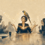 Une personne au centre d'une réunion porte un perroquet sur la tête, dont le bec émet un flux lumineux d'idées qui circule entre les participants, symbolisant la répétition et l'appropriation des idées d'autrui.