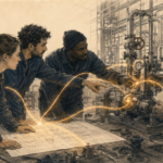 Techniciens et responsable réunis autour d’un plan et d’une installation technique, illustrant l’intelligence du terrain.