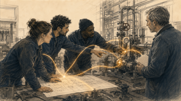 Techniciens et responsable réunis autour d’un plan et d’une installation technique, illustrant l’intelligence du terrain.