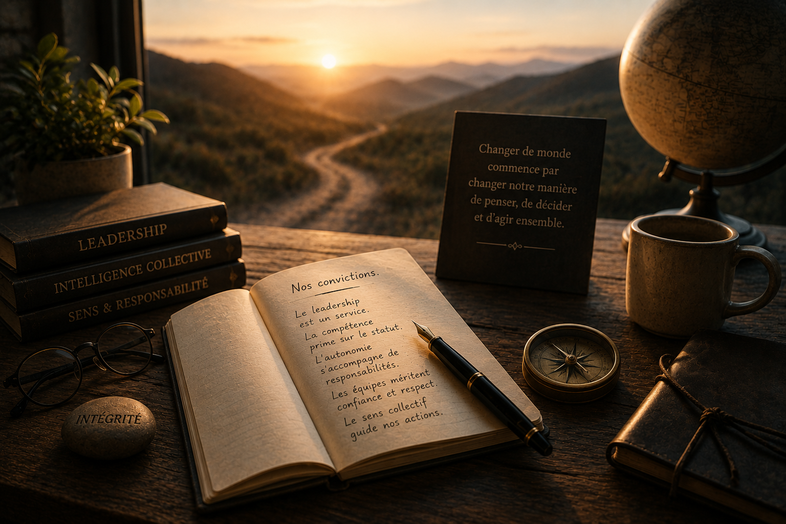 Carnet ouvert, livres, boussole et stylo sur un bureau baigné de lumière, symbolisant une réflexion sur les valeurs, le leadership et la direction à donner aux organisations.