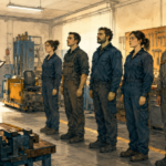 Illustration éditoriale montrant une équipe technique réunie autour d’un plan et d’une installation composée de tuyauteries, vannes et équipements de maintenance. Les techniciens pointent des éléments concrets tandis qu’un responsable écoute attentivement. Des lignes lumineuses relient les observations du terrain au système technique, symbolisant la circulation de l’expérience, de la compétence et de l’intelligence collective.