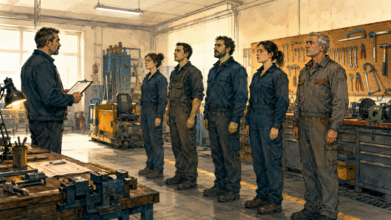 Illustration éditoriale montrant une équipe technique réunie autour d’un plan et d’une installation composée de tuyauteries, vannes et équipements de maintenance. Les techniciens pointent des éléments concrets tandis qu’un responsable écoute attentivement. Des lignes lumineuses relient les observations du terrain au système technique, symbolisant la circulation de l’expérience, de la compétence et de l’intelligence collective.