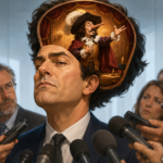 Homme interrogé par des journalistes, avec dans sa tête un personnage de théâtre inspiré de Cyrano qui déclame avec assurance.