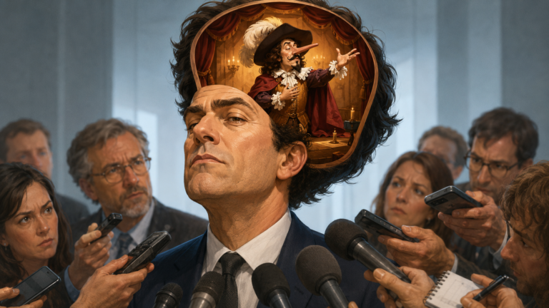 Homme interrogé par des journalistes, avec dans sa tête un personnage de théâtre inspiré de Cyrano qui déclame avec assurance.
