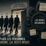 Illustration éditoriale représentant plusieurs directeurs quittant successivement un bureau de direction des services techniques, tandis que de grands engrenages symbolisant les mécanismes organisationnels continuent de tourner. Le visuel illustre l'idée que les personnes changent, mais que les dysfonctionnements persistent.