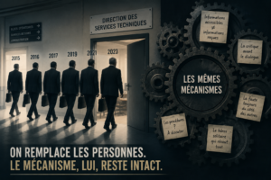 Illustration éditoriale représentant plusieurs directeurs quittant successivement un bureau de direction des services techniques, tandis que de grands engrenages symbolisant les mécanismes organisationnels continuent de tourner. Le visuel illustre l'idée que les personnes changent, mais que les dysfonctionnements persistent.