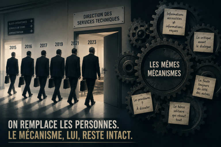 Illustration éditoriale représentant plusieurs directeurs quittant successivement un bureau de direction des services techniques, tandis que de grands engrenages symbolisant les mécanismes organisationnels continuent de tourner. Le visuel illustre l'idée que les personnes changent, mais que les dysfonctionnements persistent.